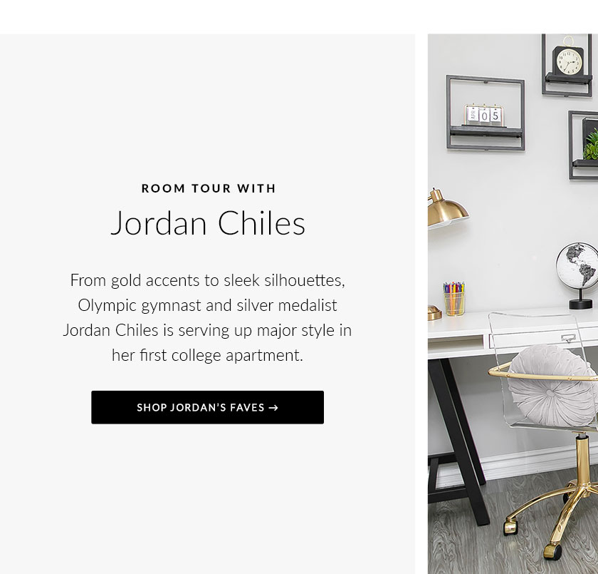 Room Tour with Jordan Chiles – From gold accents to sleek silhouettes, Olympic gymnast and silver medalist Jordan Chiles is serving up major style in her first college apartment.