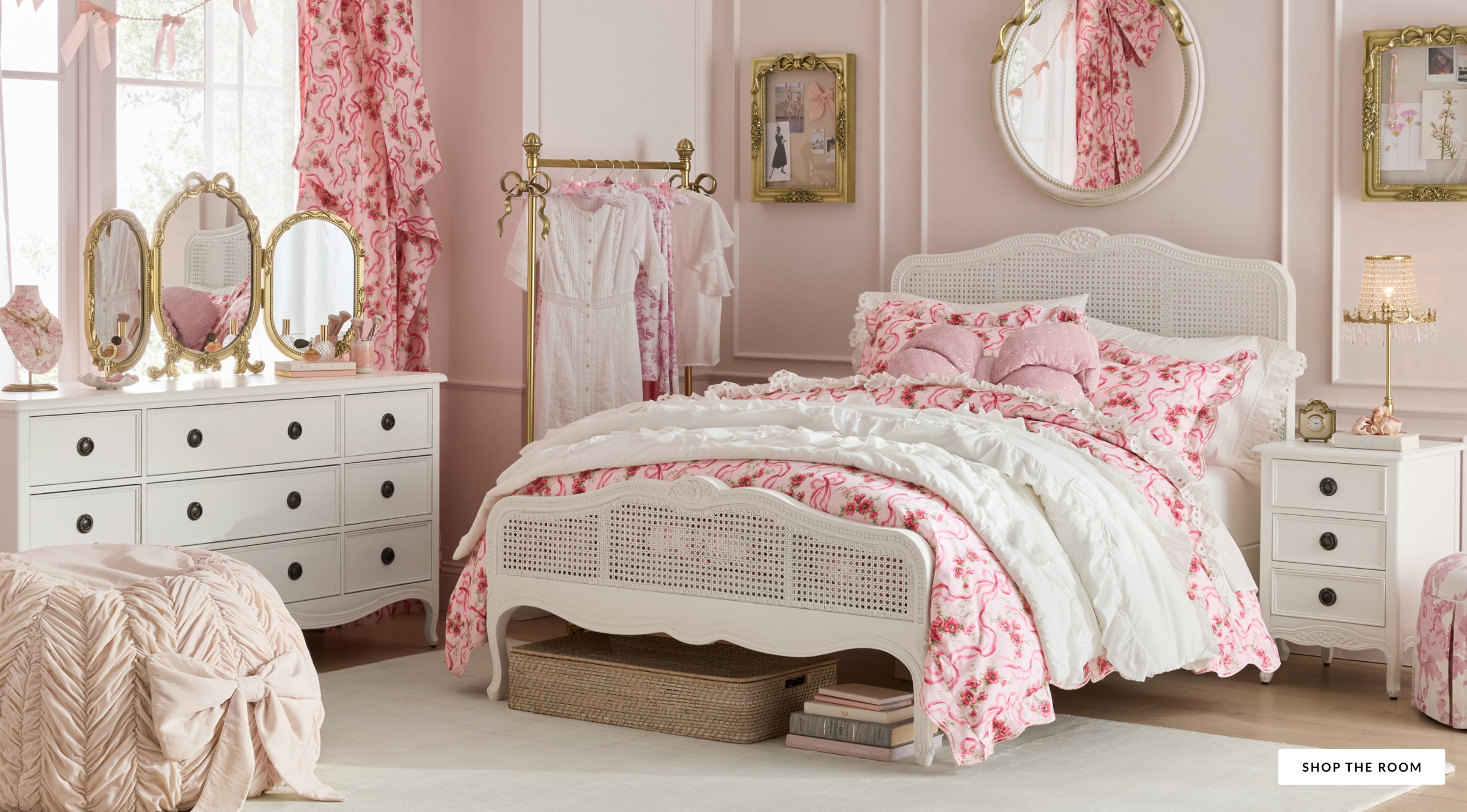 Canded Bed  with Trifold Mirror on Dresser