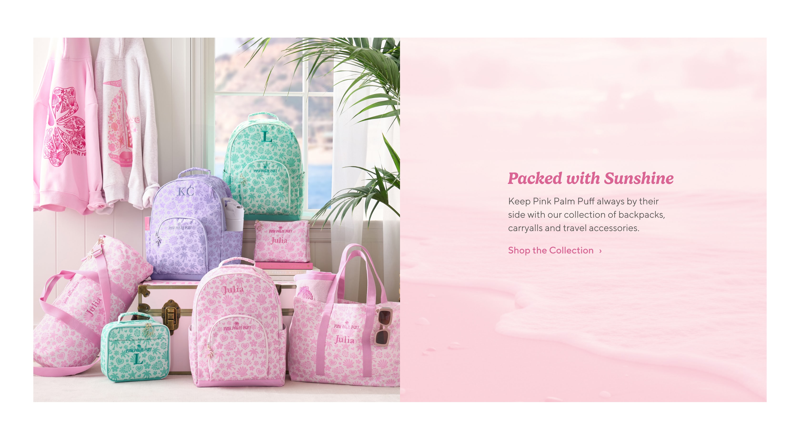Packed with sunshine, keep Pink Palm Puff always by their side with our collection of backpacks, caryalls and travel accessories.