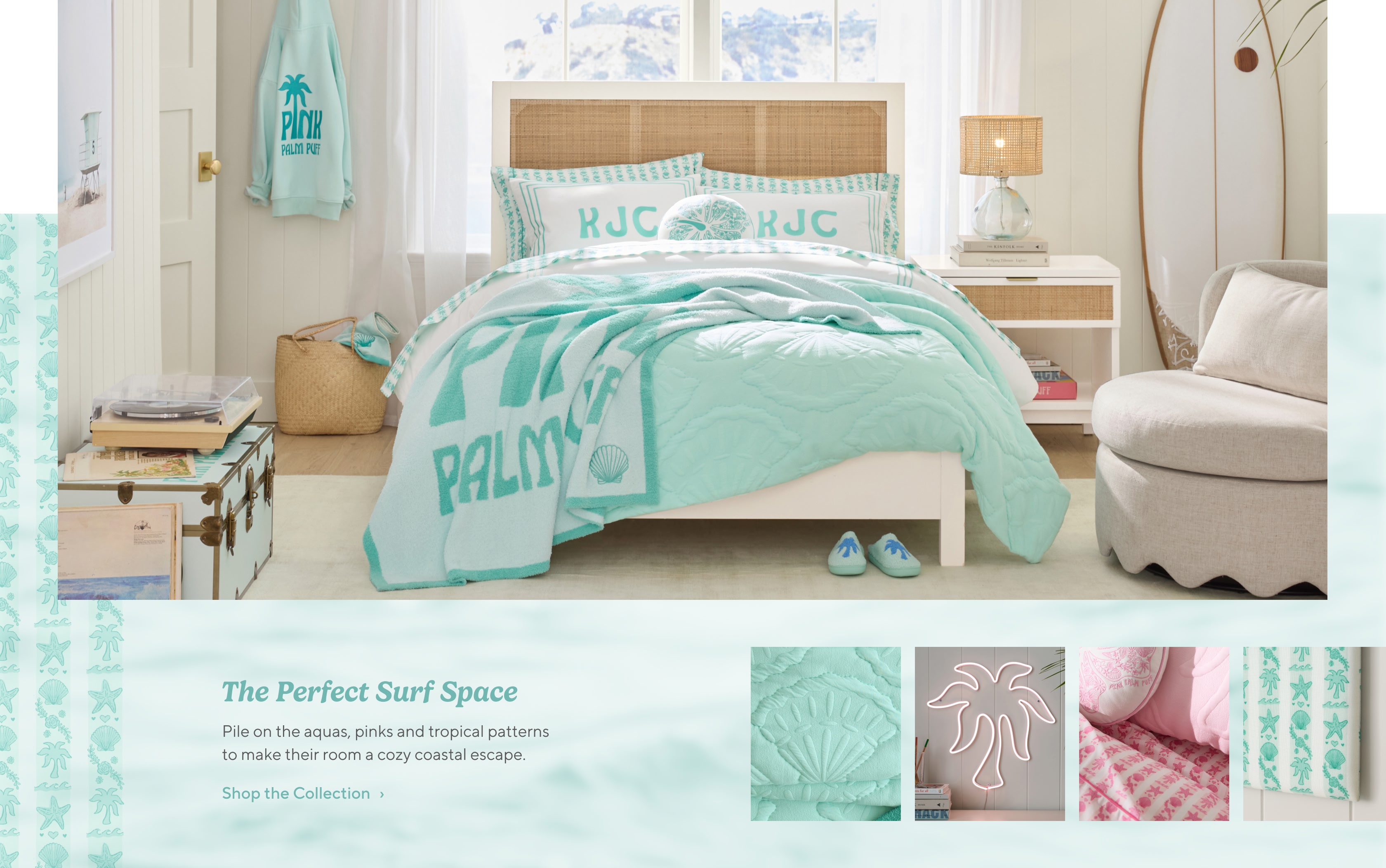 The perfect surf space, pile on the aquas, pinks and tropical patterns to make their room a cozy coastal escape.