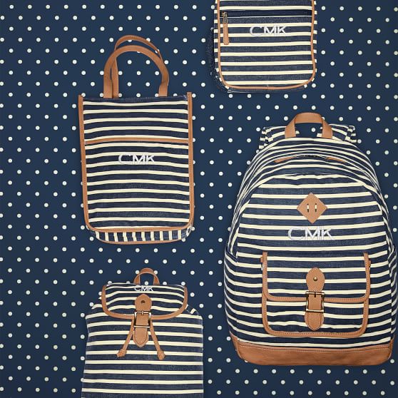 blue and white striped lunch bag