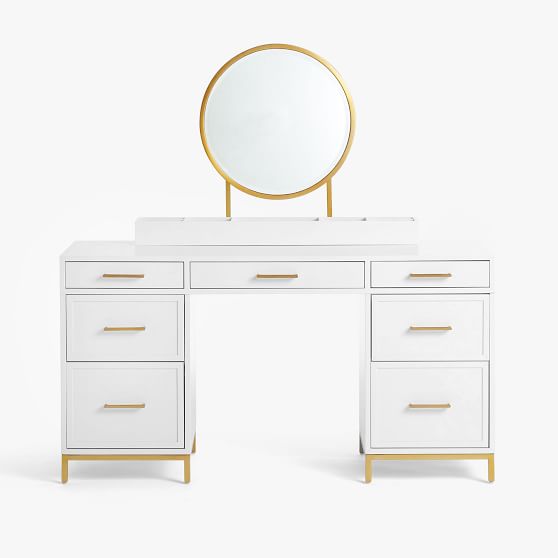 Blaire Smart Storage Vanity Desk Set, White Vanity Table With Drawers On One Side