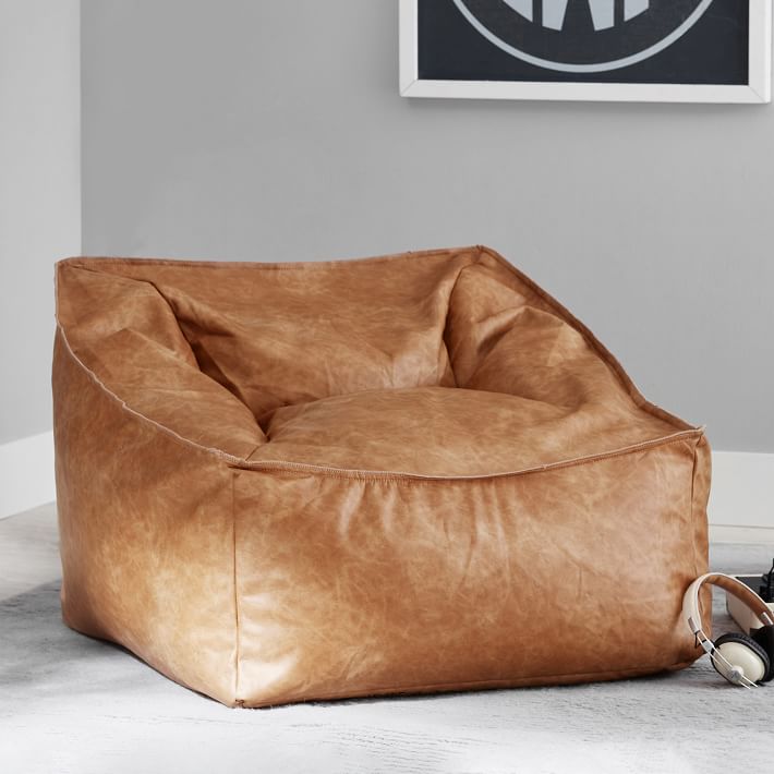 Vegan Leather Caramel Modern Lounger, Real Leather Bean Bag Chairs
