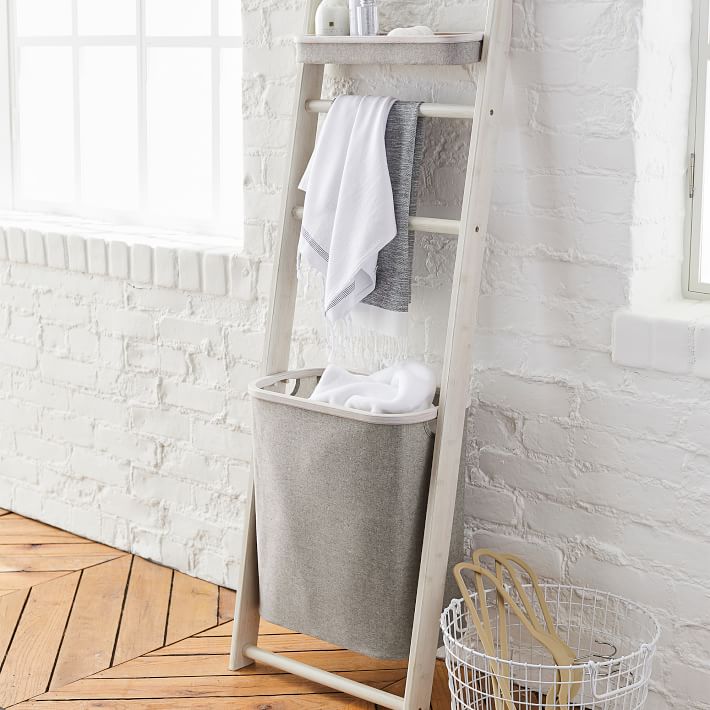 Wall Leaning Storage Rack With Hamper, Laundry Hamper With Storage Shelves