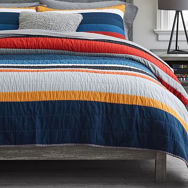 Pottery Barn Teen Rugby stripe navy orange  standard sham quilted New 