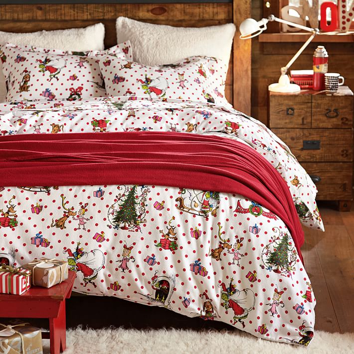 NEW~Pottery Barn Teen~Christmas Grinch Red FLANNEL TWIN DUVET COVER White Dots 