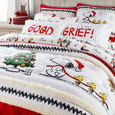 2pc Pottery Barn Kids PEANUTS Snoopy TWIN QUILT & Standard SHAM Snoopy Bed Teen 