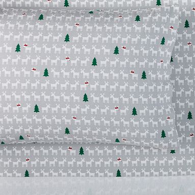Deer Santa Organic Flannel Sheet Set, Single/Single XL, Light Grey
