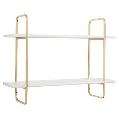 Metallic Trim Multi-level Wall Shelves, 2-Shelf, Gold/White