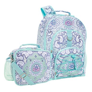 Aqua Silver Metallic Boho Medallion Backpack & Cold Pack Lunch Bundle