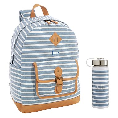 Northfield Light Blue Stripe Backpack & Slim Water Bottle Bundle