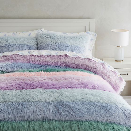 Open Box Rainbow Jumbo FauxFur Quilt & Sham Pottery Barn Teen