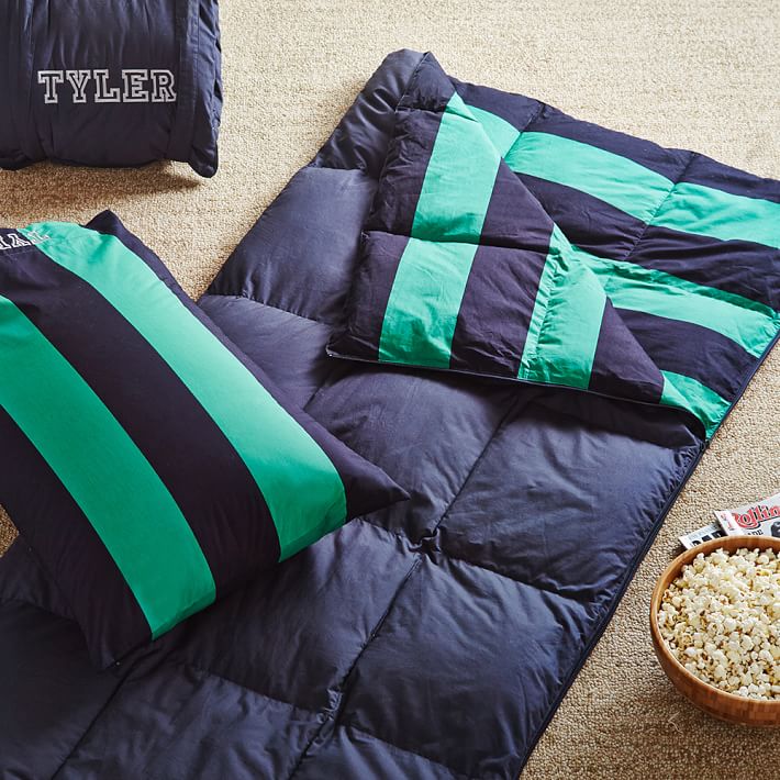Rugby Stripe Sleeping Bag &amp; Pillowcase, Navy/Bright Green
