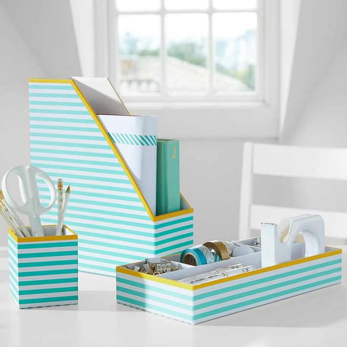 Printed Paper Desk Accessories Set, Pool Stripe With Yellow Trim