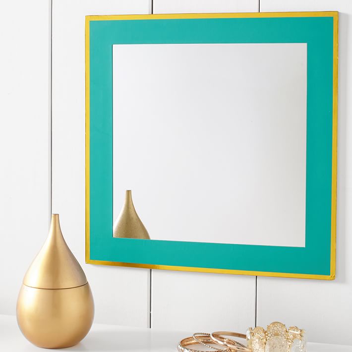 Paper Border Mirror, Aqua Blue With Gold Metallic Trim