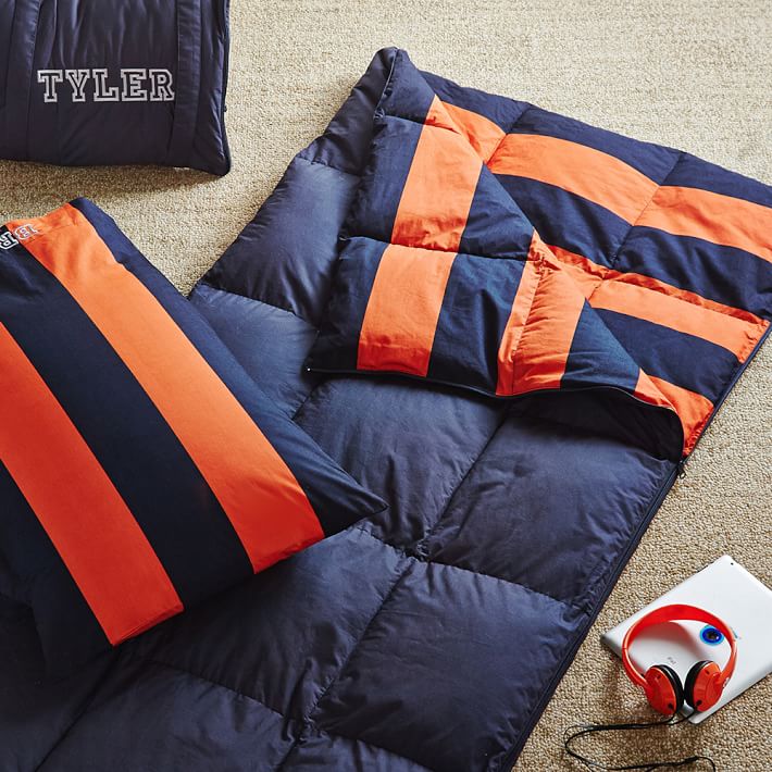 Rugby Stripe Sleeping Bag &amp; Pillowcase, Navy/Orange