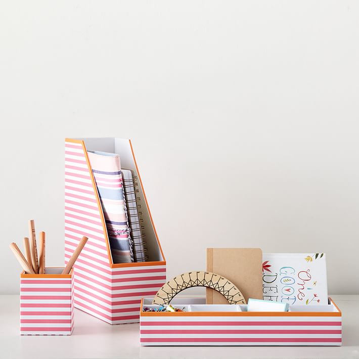 Printed Desk Accessories, Pink Stripe With Tangerine Trim