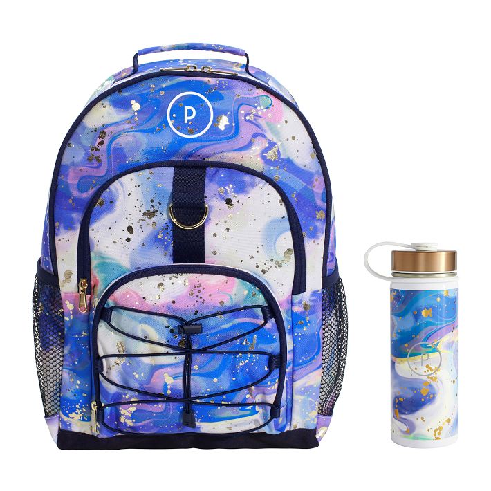 Color Flow Gold Metallic Deep Blue Multi Backpack and Slim Water Bottle