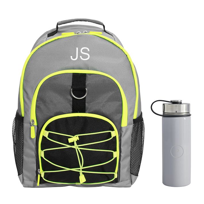 Color Block Gray and Yellow Backpack and Solid Gray Slim Water Bottle, Bundle