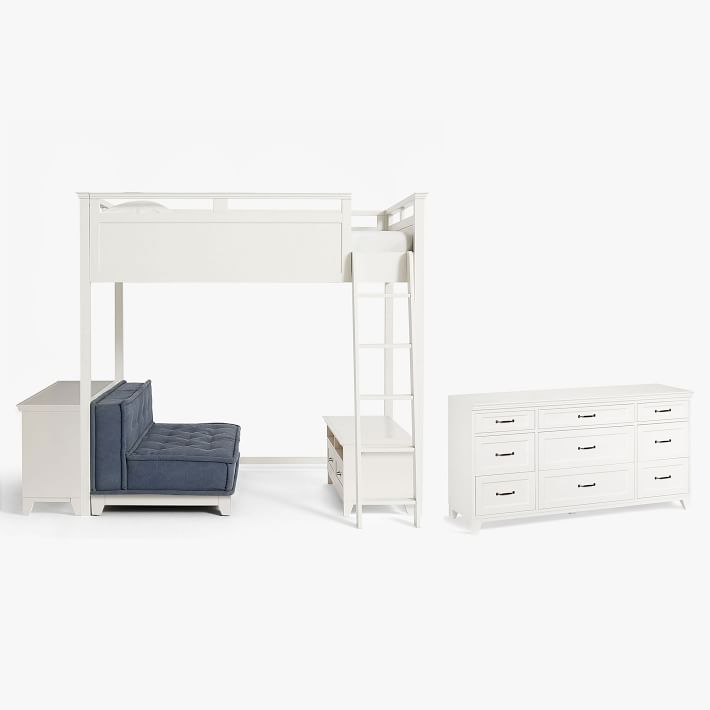 Hampton Loft Bed with Cushy Loveseat, Media &amp; Bookcase Set &amp; 9-Drawer Dresser Set