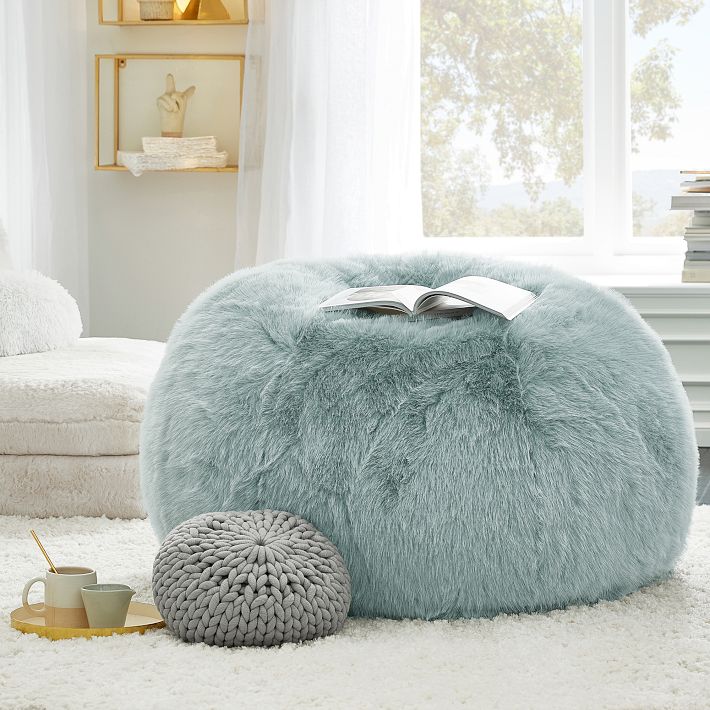 Feathery Faux Fur Porcelain Blue Bean Bag Chair Slipcover Only