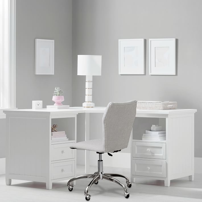 Beadboard Smart Cubby Storage Corner Desk and Chenille Plain Weave Washed Light Gray Airgo Desk Chair Set