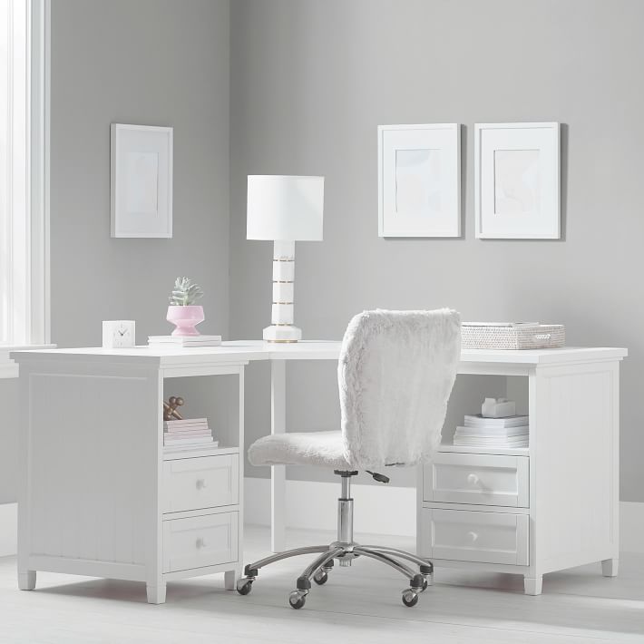 Beadboard Smart Cubby Corner Storage Desk and Polar Bear Ivory Airgo Desk Chair Set