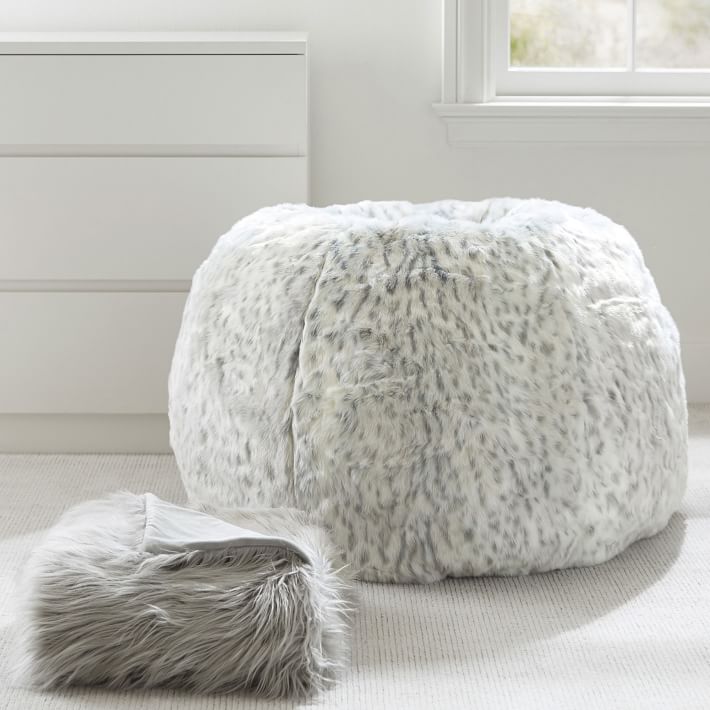 Grey Leopard Bean Bag Chair & Grey Himlayan FauxFur Throw Gift Set