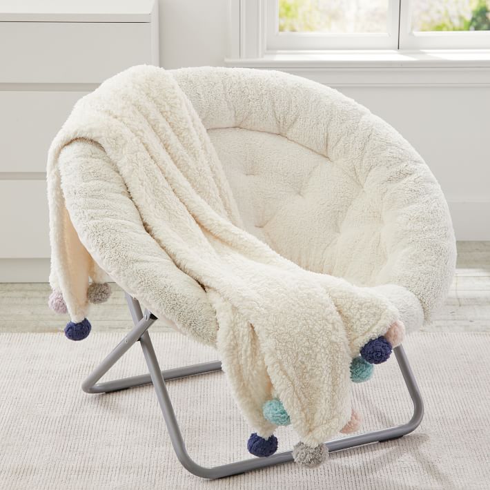 Sherpa Hang-A-Round Chair &amp; Cozy Pom Throw Gift Set - Ivory