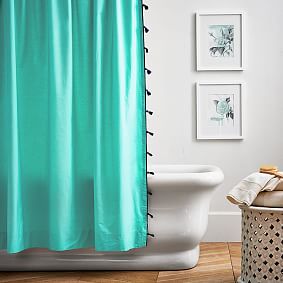 Color On Color Tassel Shower Curtain, Pool