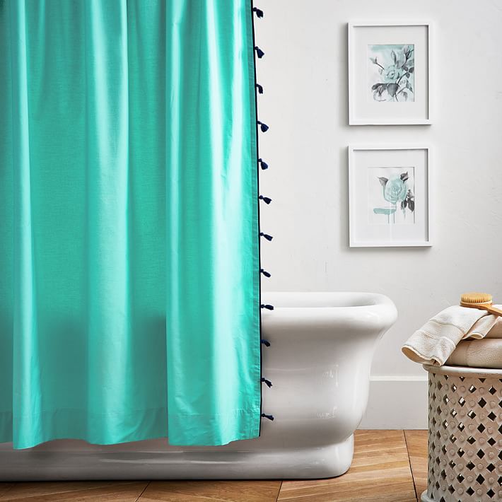 Color On Color Tassel Shower Curtain, Pool