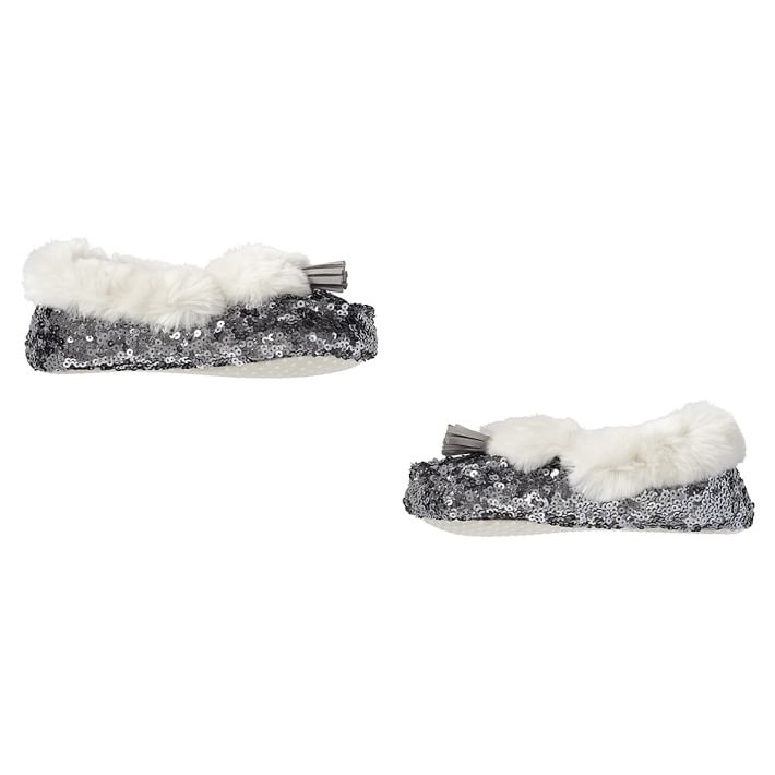 Silver Sequin Faux-Fur Moccasin Slippers
