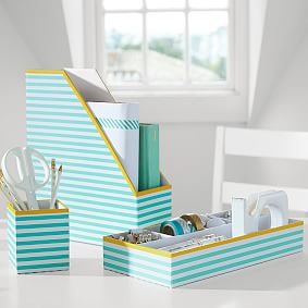 Printed Paper Desk Accessories Set, Pool Stripe With Yellow Trim