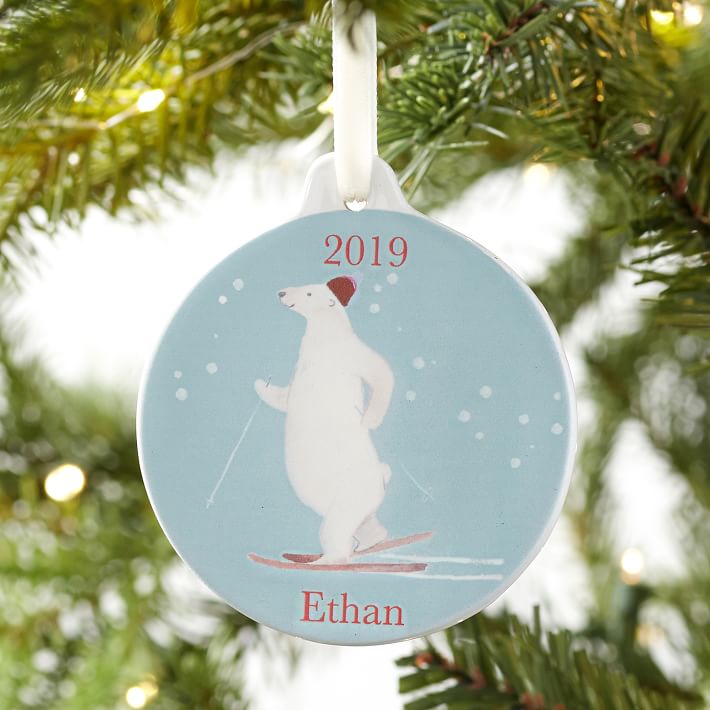 Skiing Polar Bear Ceramic Disc Ornament