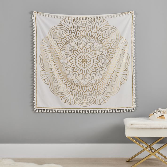 Tassel Trim Mandala Tapestry, Gold/White