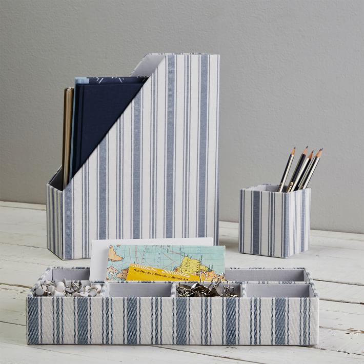 Fabric Desk Accessories, Set of 3, Blue Ticking Stripe