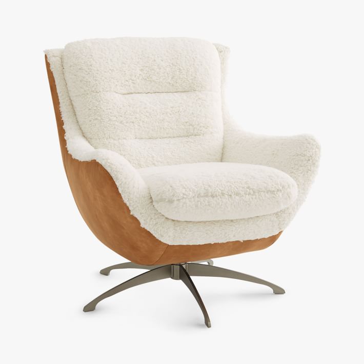 Sherpa Ivory + Faux Leather Caramel Lennon Lounge Chair