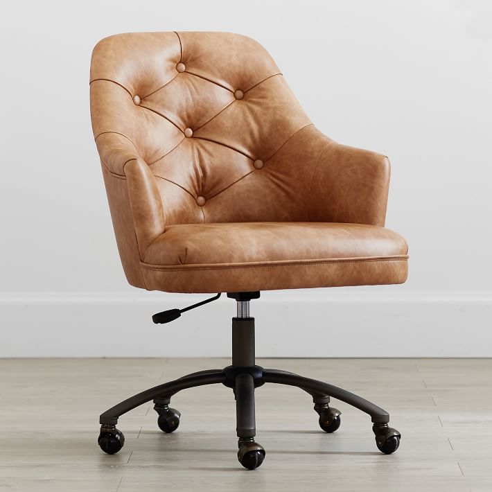 Faux-Leather Cognac Tufted Swivel  Swivel Desk Chair