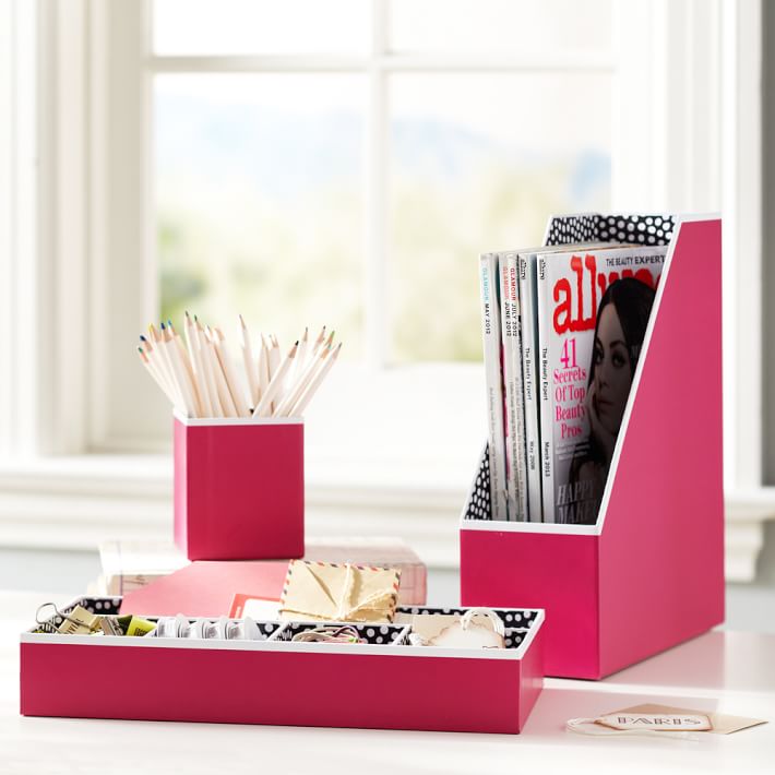 Printed Desk Accessories, Set of 3: Magazine Caddy, Divided Tray and Cup, Solid Pink