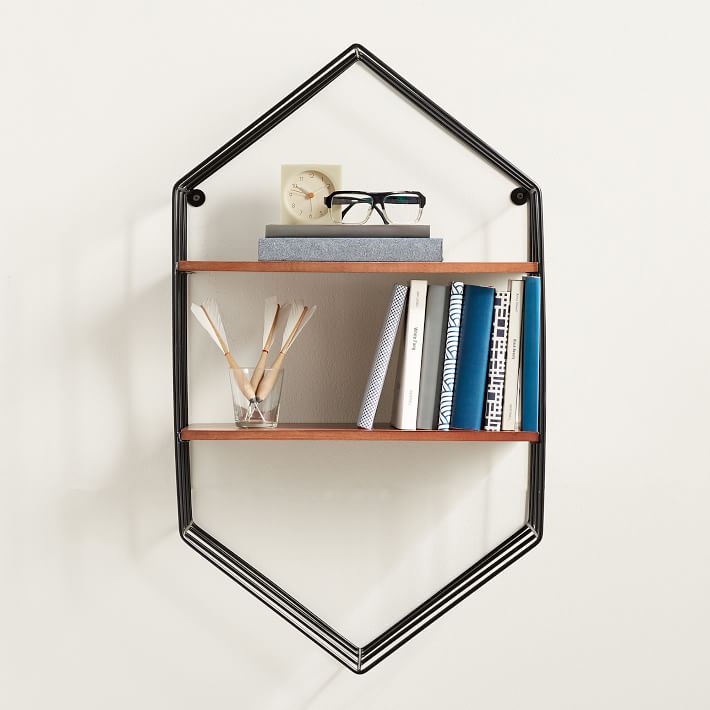 Wood and Wire Hexagon Wall Bookcase