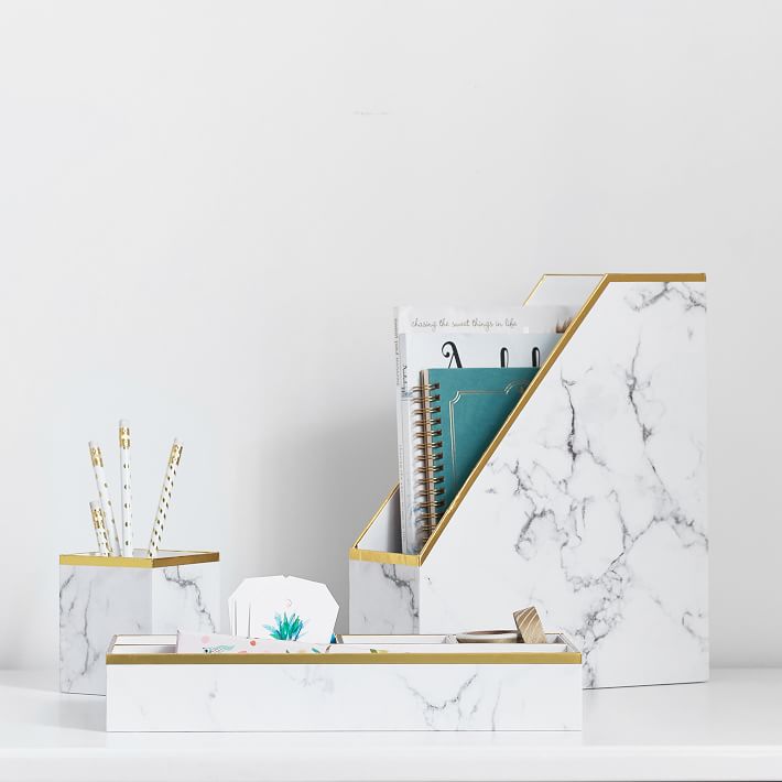 Paper Desk Accessories, Set of 3, White Marble