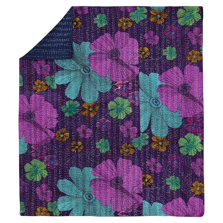 Kantha Cloth Coverlet, Purple Multi