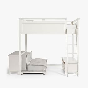 Hampton Loft Bed Set, Bookcase, Media, Faux Suede Light Gray Cushy Loveseat, Full, Simply White