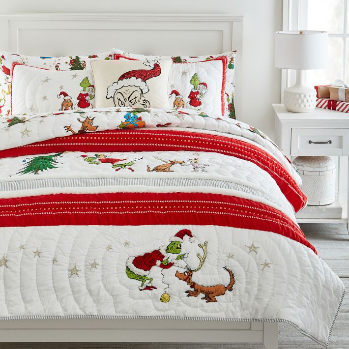 Pottery barn teen the grinch festive organic flannel hotsell sheets