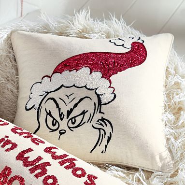 NEW pottery barn teen grinch face pillow good COVER. 18x18. SOLD OUT