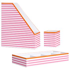 Printed Paper Desk Accessories Set, Pink Stripe With Tangerine Trim