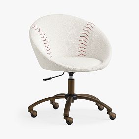 Baseball Sports Round Desk Chair, Chunky Boucle Ivory/Red, Bronze Base