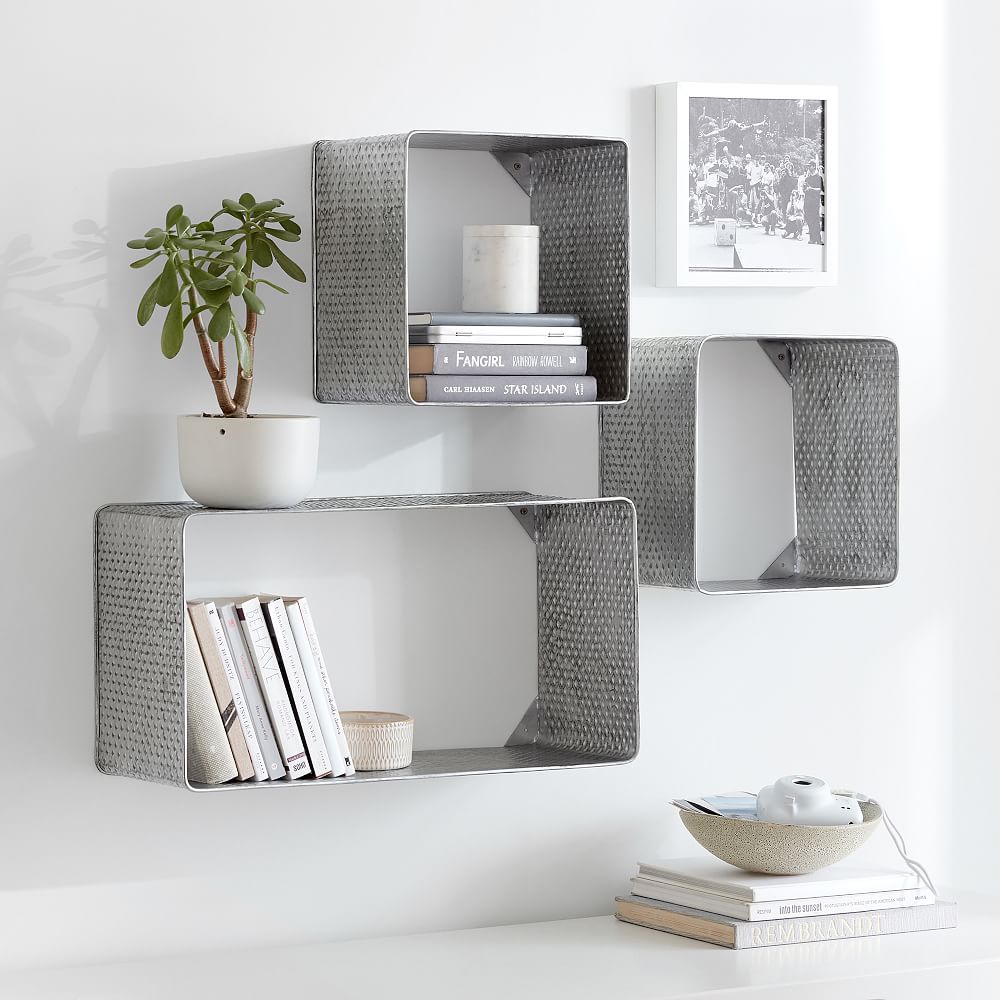 Textured Metal Cubes &amp; Rectangular Shelf, Set Of 3