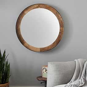Round Wood and Metal Wall Mirror