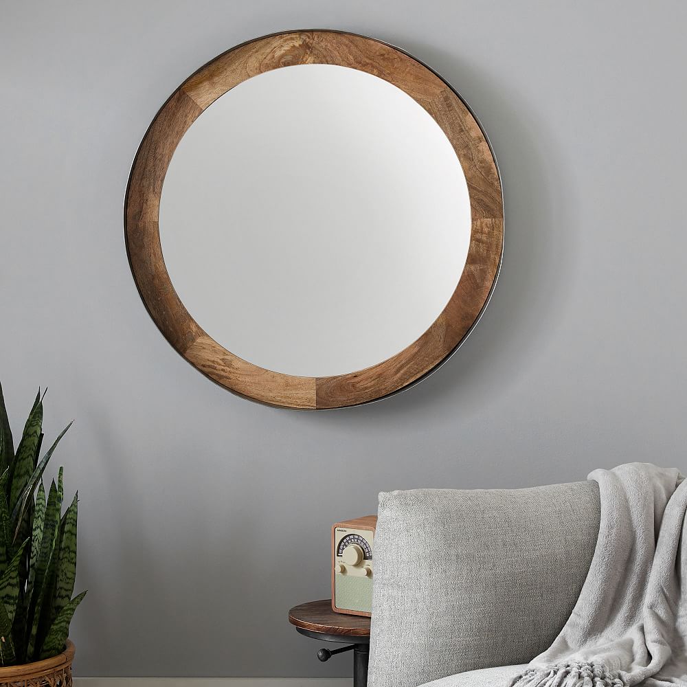 Round Wood and Metal Wall Mirror